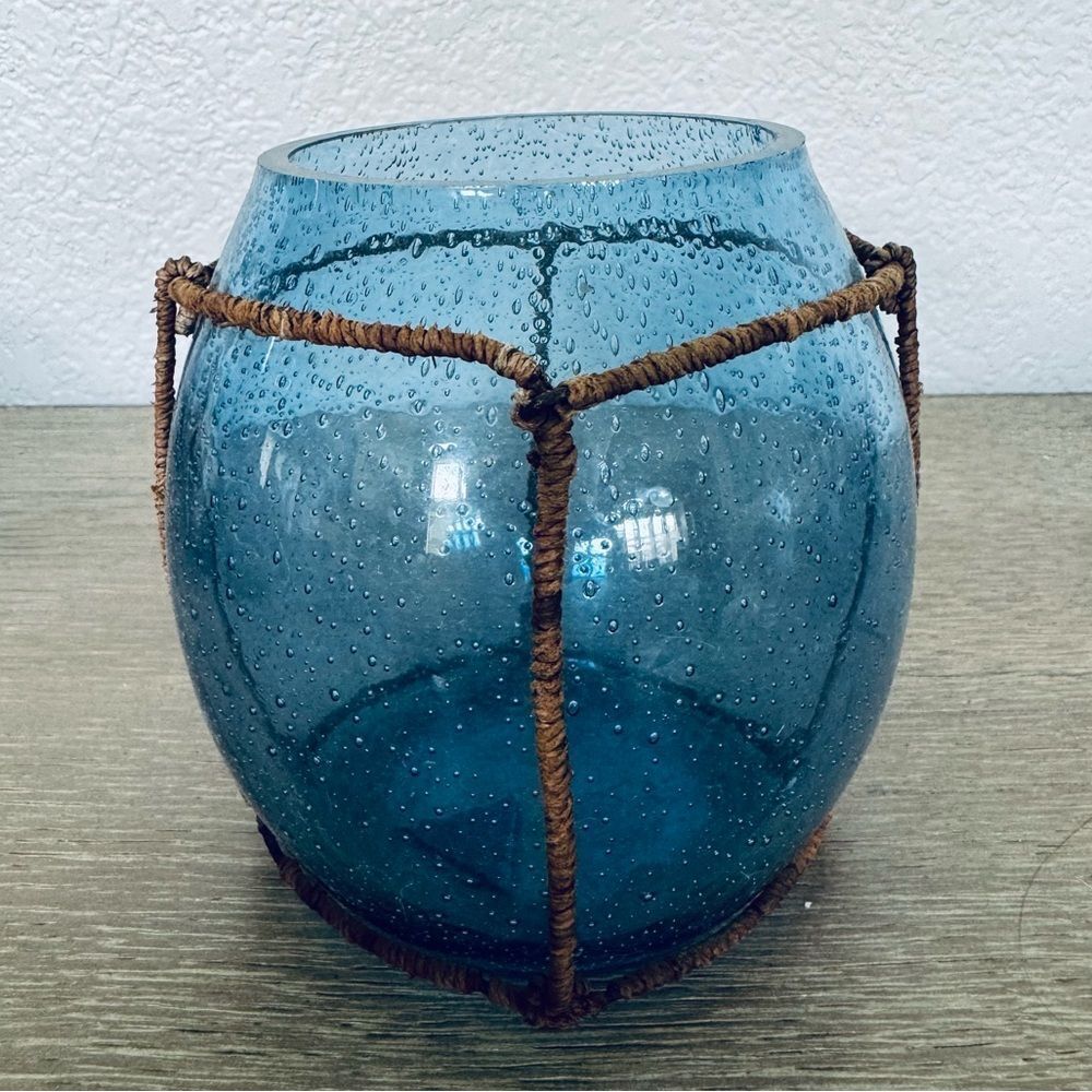 Blue Tinted Glass Candle Holder Jar Vase